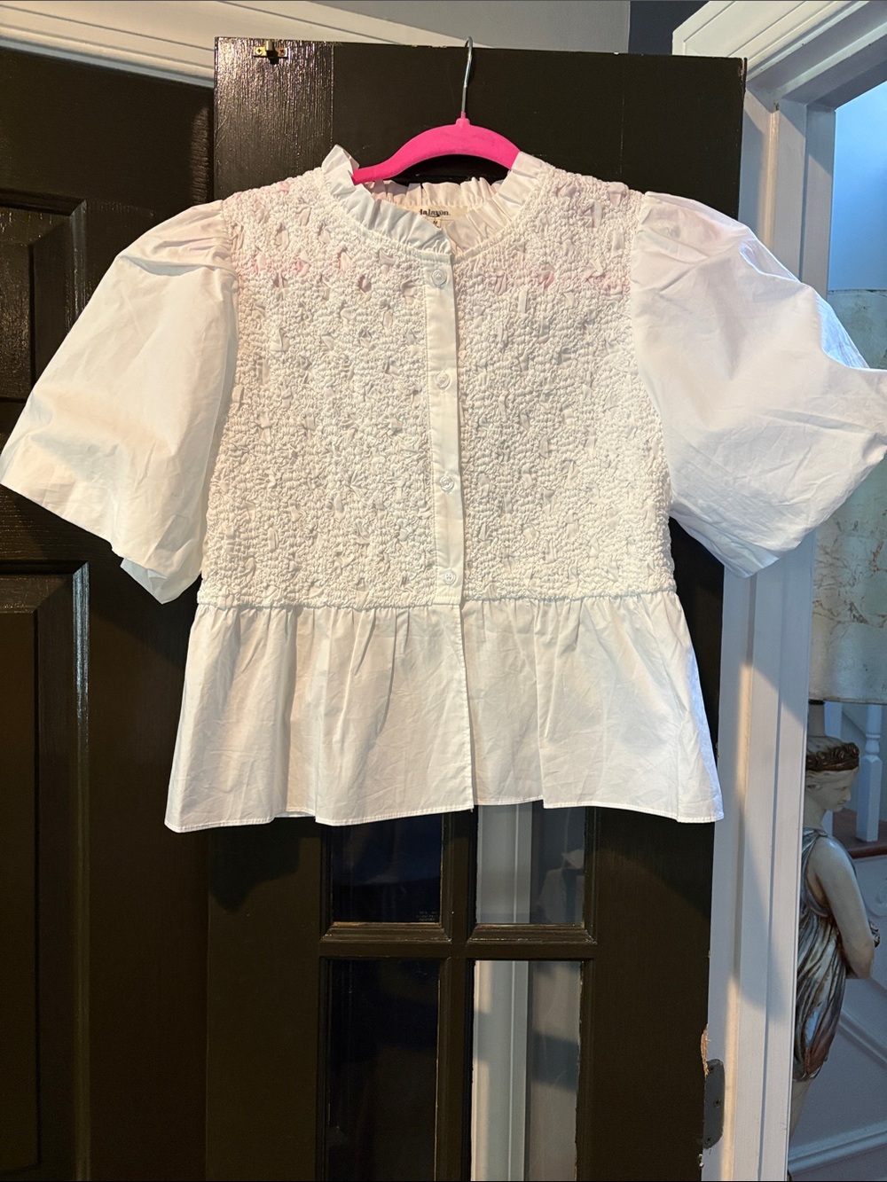 White Smocked Peplum Short-Sleeve Blouse